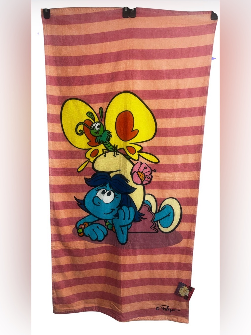 Blue Smurf Character Towel - Pink & Peach Stripes 27”x55”